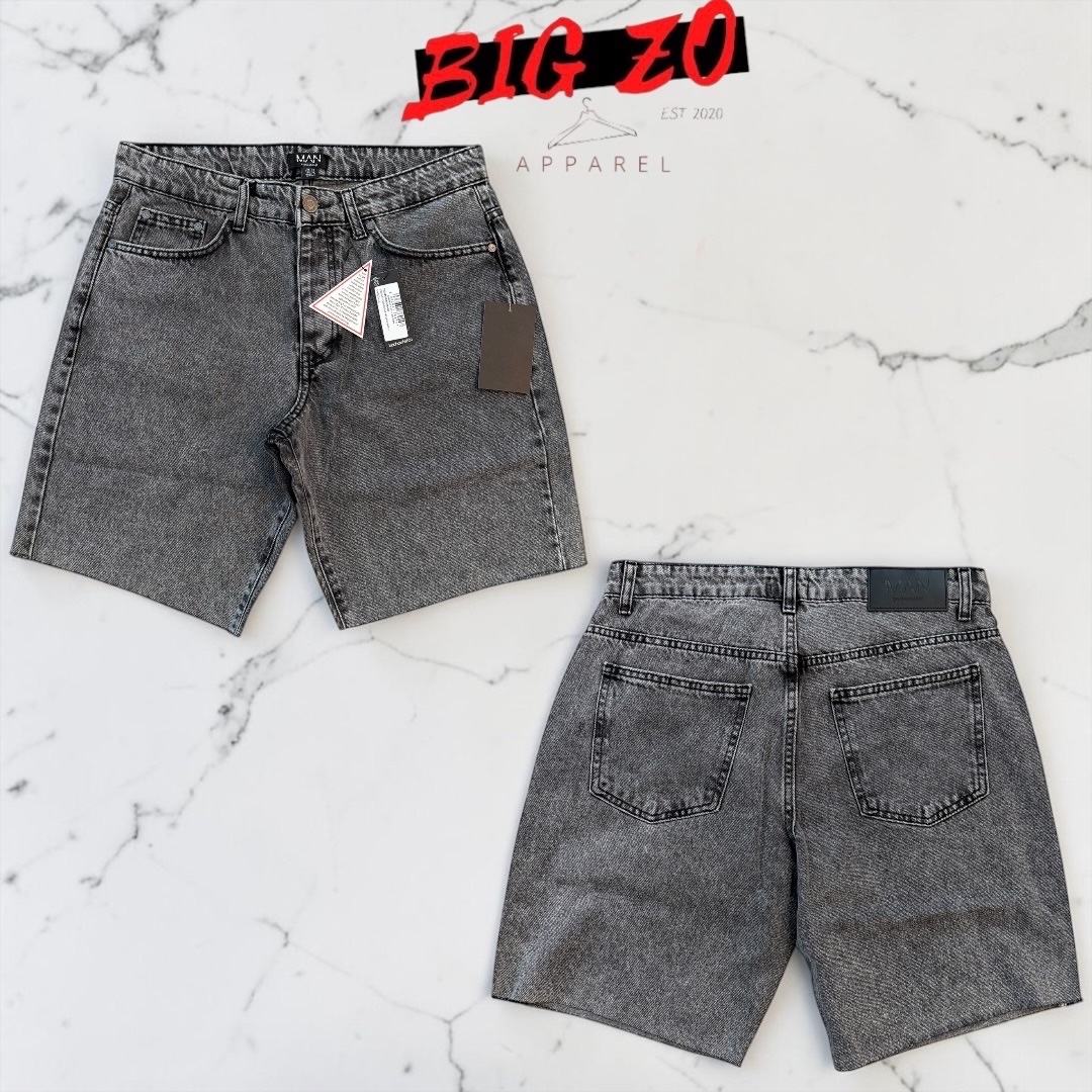 Straight Fit Washed Raw Hem Denim Shorts - Charcoal