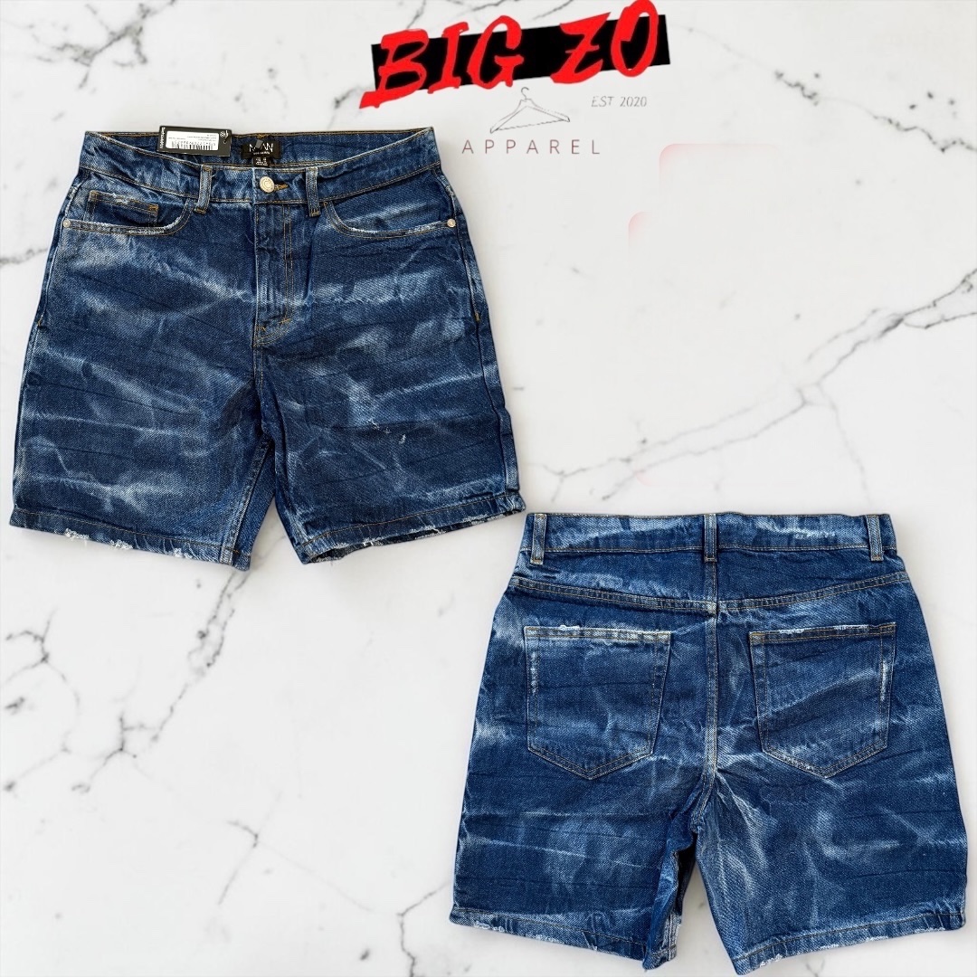 Slim Fit Crinkle Washed Denim Shorts - Blue