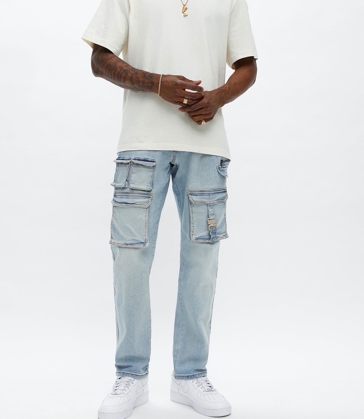 Slim Taper Cargo Jeans - Light Blue Wash