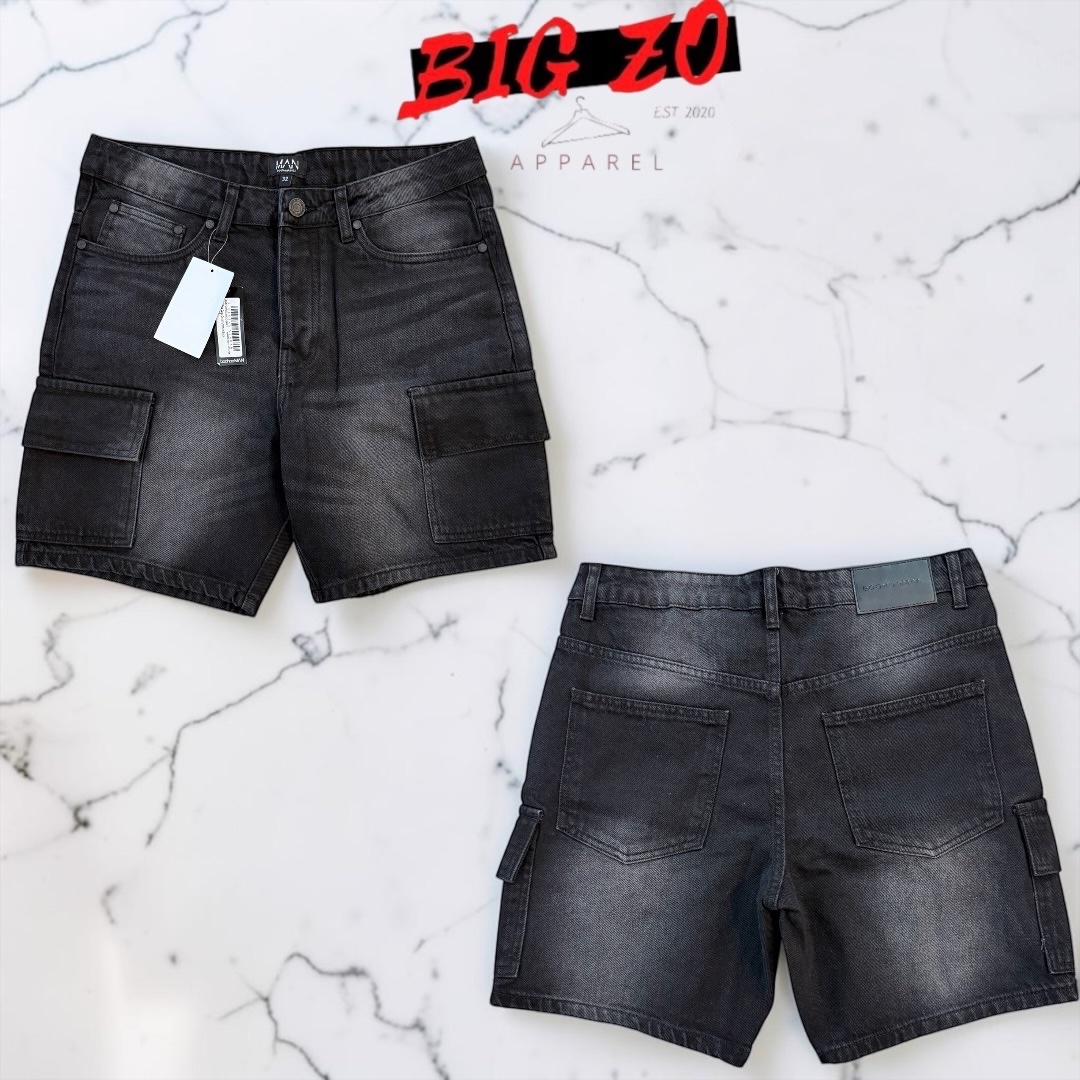 Slim Rigid Cargo Denim Shorts - Black Wash