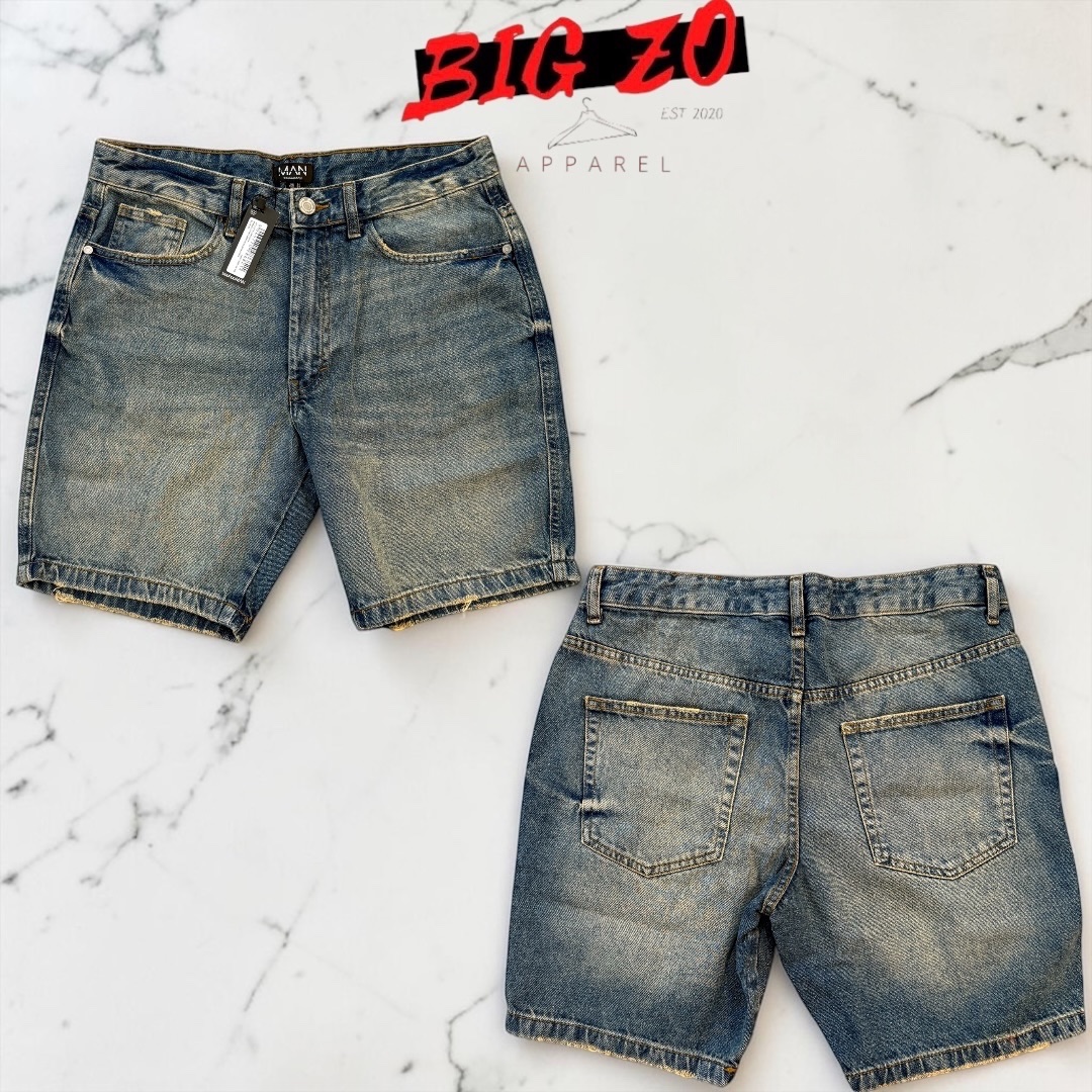 Straight Fit Dirty Wash Tinted Denim Shorts - Blue