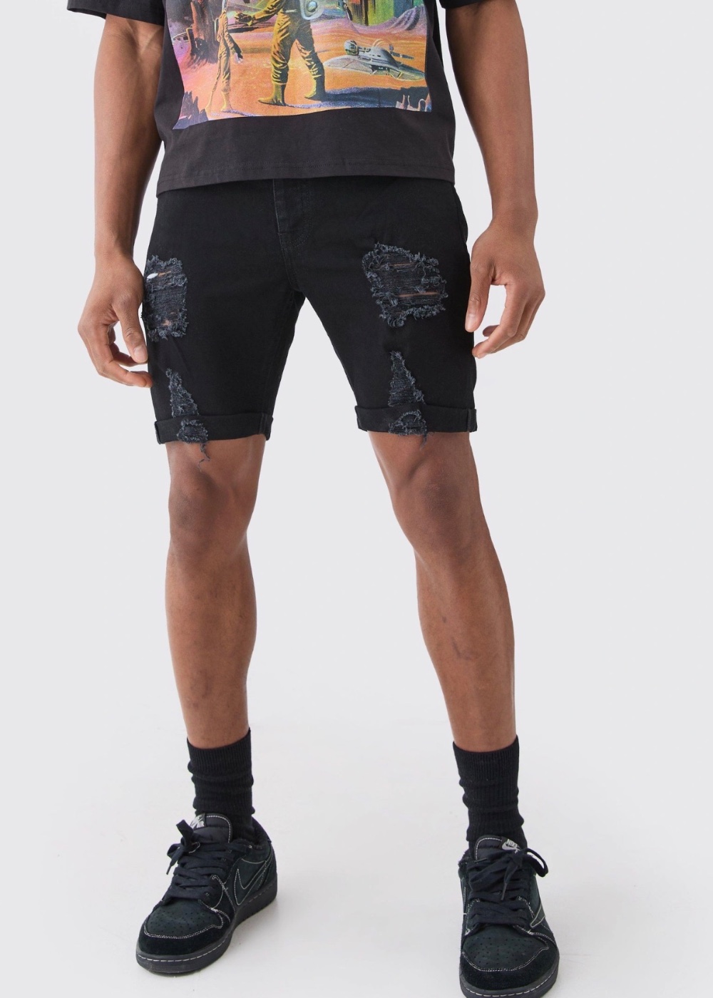 Skinny Stretch Distressed Denim Shorts - Black