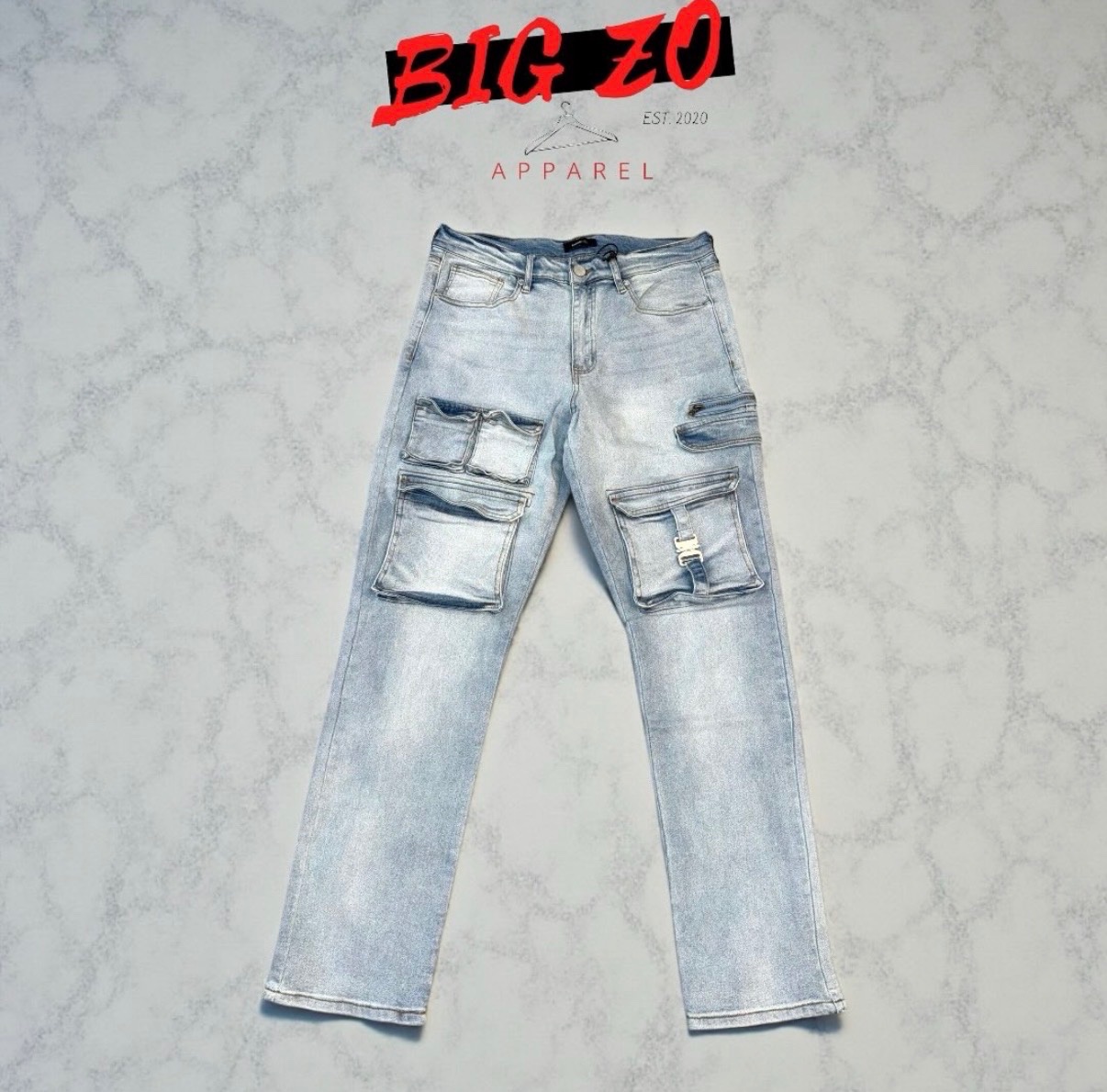 Slim Taper Cargo Jeans - Light Blue Wash